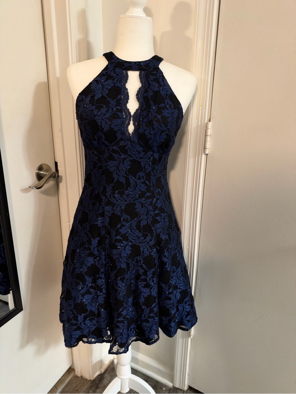 Morgan & Co. Navy Blue Lace Halter Mini Dress